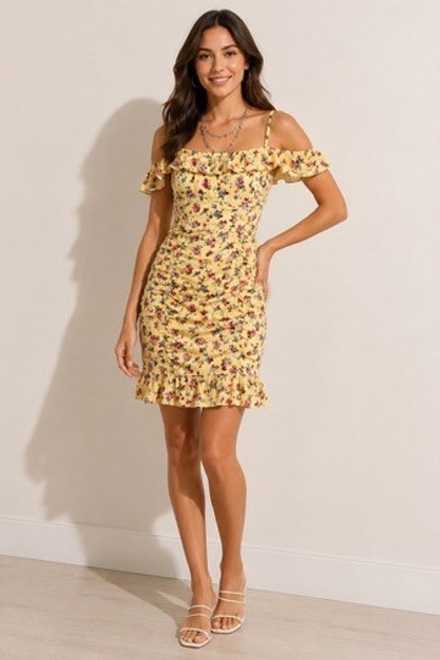 BCX Floral Ruched Boho-inspired Cottagecore Mini Dress